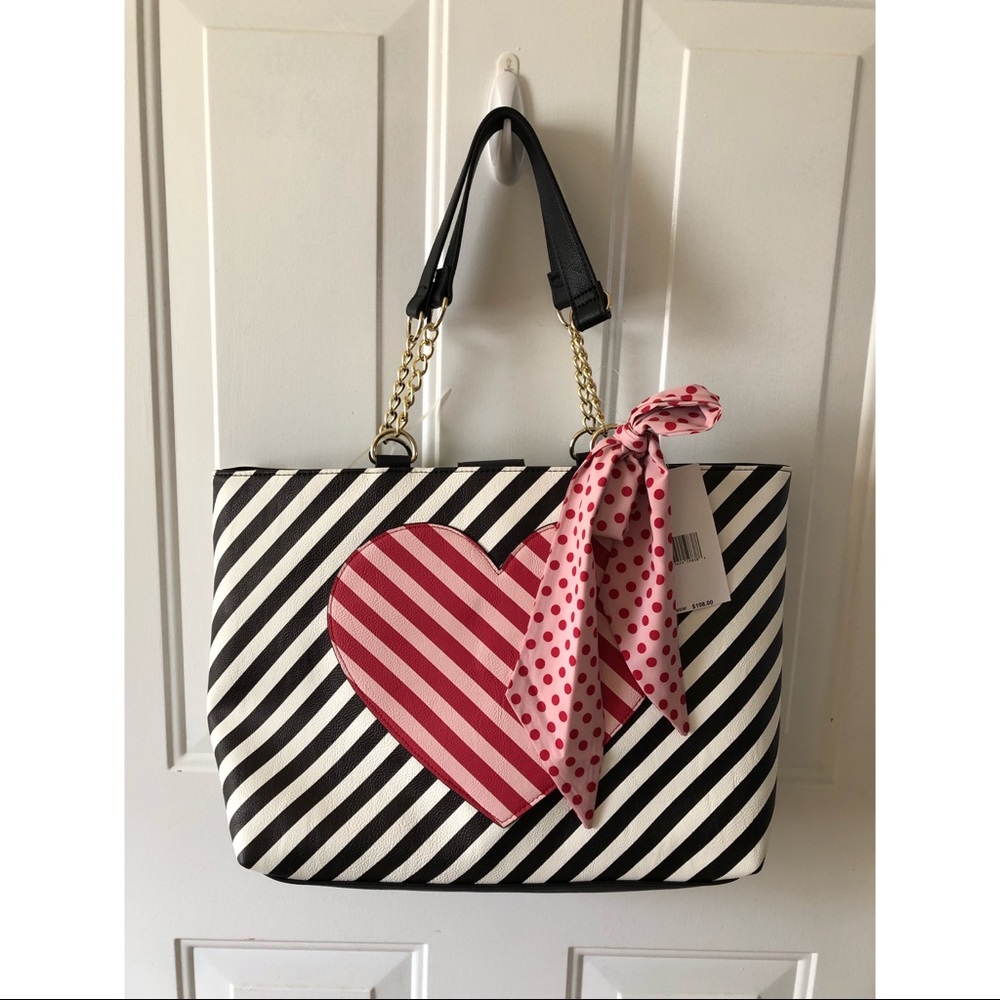 Betsy Johnson Stripped Heart Tote Bag, Black/White